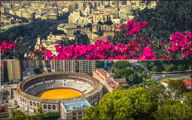Collage of of Malaga with bullring and harbor. Spain 