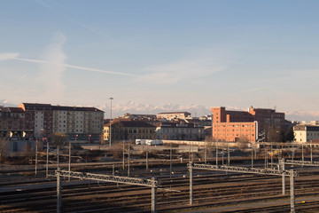 Railways and typical buildings on background. Turin. Italy.