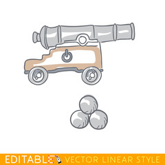 Old cannon with kernels. Ancient artillery gun. Editable line drawing. Stock vector illustration.