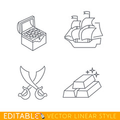 Treasure, sailor ship, pirate swords, gold bullion. Editable line icon set. Stock vector illustration.