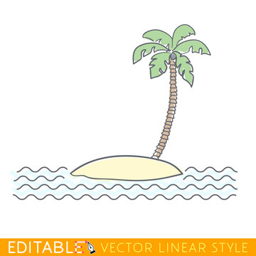 Small island with palm tree. Editable line drawing. Stock vector illustration.