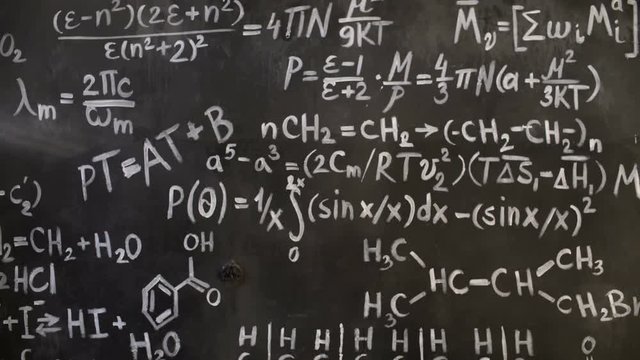 Chemical and mathematical equations wall room background focused and defocused action