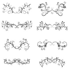 Vector set of calligraphic design elements in black lines swirl on white background