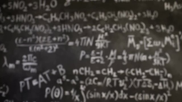 Chemical and mathematical equations wall room background focused and defocused action