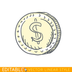American Dollar. Doodle style international currency symbol coins. Editable line drawing. Stock vector illustration.