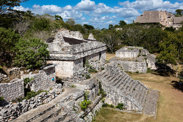 Fototapeta na wymiar Northward view of Ek Balam from the Oval Palace to the Acropolis in the North. Ek Balam is a late classic Yucatec-Maya archaeological site located in Temozon, Yucatan, Mexico.
