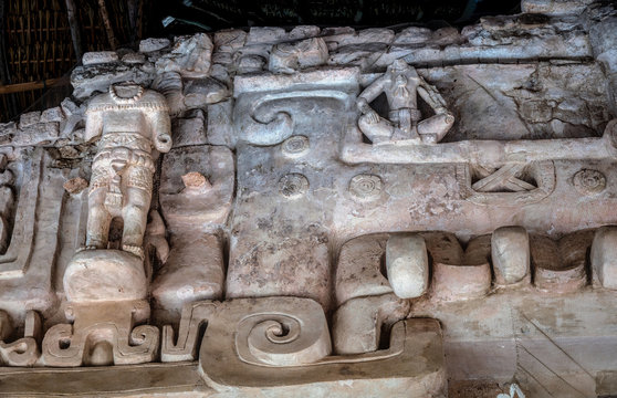 Exterior facade of the tomb of U Kait Kan Leak Tok, a ruler of Ek Balam 770-801 AD. Ek Balam is a late classic Yucatec-Maya archaeological site located in Temozon, Yucatan, Mexico.