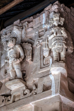 Winged Maya Warriors on the facade of the tomb of U Kait Kan Leak Tok, a ruler of Ek Balam 770-801 AD. Ek Balam is a late classic Yucatec-Maya archaeological site located in Temozon, Mexico.