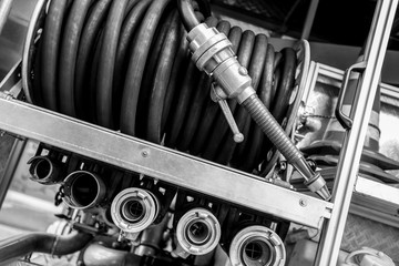 fire truck water hoes black and white