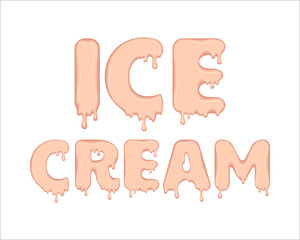 Vector word made of flowing ice cream. Letters with drops, splashes and blobs. Glossy typeface. Text of melting cream, pink liquid drops isolated on white background.