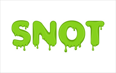 Vector word made of flowing snot. Letters with snivel drops, splashes and blobs. Glossy typeface. Text of mucus, green liquid drops isolated on white background.
