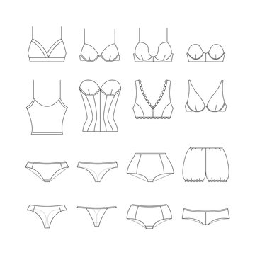 Fashion female underwear icons. Feminine lacy clothes: bra and panties. Sexy lingerie with lace for lady, different types of briefs and brassiere. Vector illustrations in thin line style.