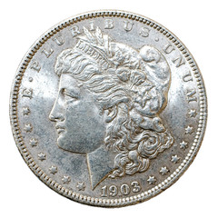 1903 Morgan Dollar silver coin, obverse.