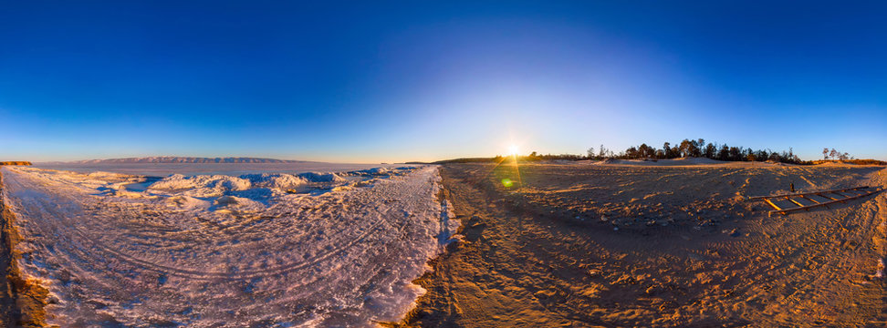 360 sunrise panorama border the sandy beach and of Lake Baikal i