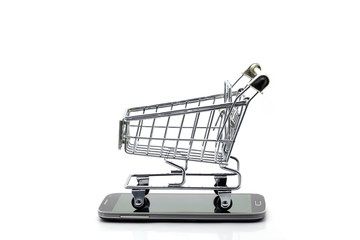 shopping cart on smartphone isolated on  white background