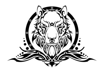 Obraz premium Wilk głowy symetrii balansu plemiennego tatuaż sylwetka wektor z białym tłem izolowania