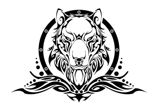 Wolf head symmetry balance tribal tattoo silhouette vector with white isolate background