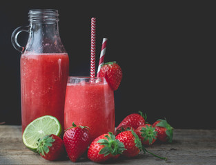 Strawberry Slush on Wooden Background, Summber Drink, Fresh Beve