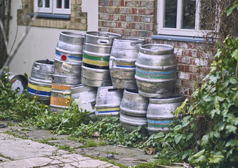 Beer cegs stacked outside