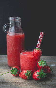 Strawberry Slush on Wooden Background, Summber Drink, Fresh Beve