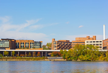 Georgetown waterfront and park Washington DC, USA. Buildings along Potomac River in suburb of US capital.