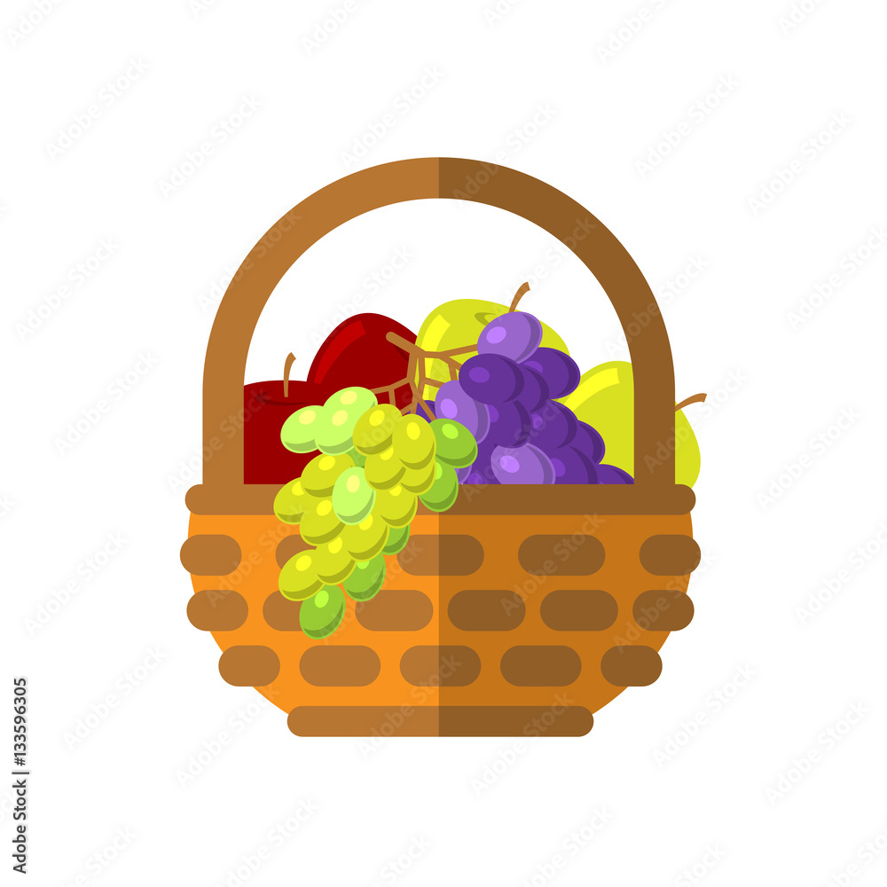 Wall mural fruits and vegetables in wicker basket vector illustration