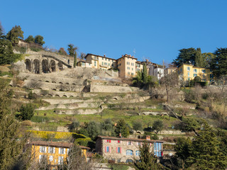 Fototapeta premium Bergamo - Old city (Citta Alta). One of the beautiful city in Italy. Lombardia. Landscape of dry stone walls and terraces situated in the hills surrounding the old city.