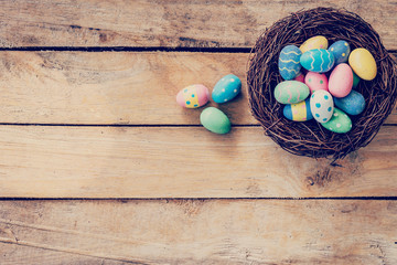 Colorful easter egg in the nest on wood background with space