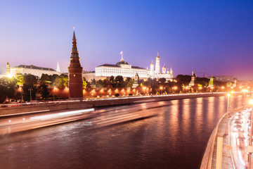 Fototapeta na wymiar Kremlin Embankment in the blue hour. Grand Kremlin Palace