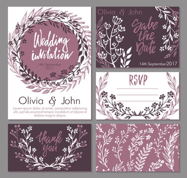 Vector wedding collection. Templates for invitation, thank you card, save the date, RSVP