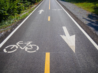 Fototapeta premium White bicycle sign and symbol on bicycle lane or asphalt road