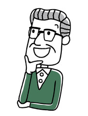 シニア男性：笑顔で上を見上げる、思い浮かべる、考える
