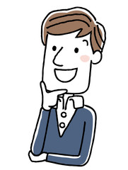 若い男性：笑顔で上を見上げる、思い浮かべる、考える
