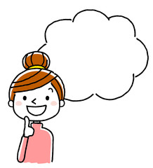 若い女性：笑顔で上を見上げる、思い浮かべる、考える
