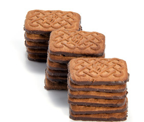 Chocolate cookies with cream filling isolated on white background.