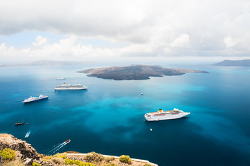 Cruise ships at the sea near the Greek Islands.