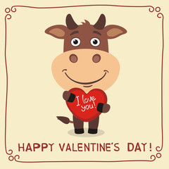 Happy Valentine's Day! I Love You! Funny bull with heart in hands. Happy valentines with bull day card in cartoon style.