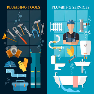 Plumbing service banner. Plumber different tools and accessories