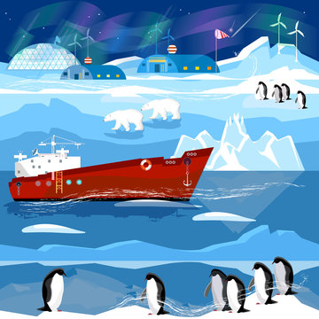 Travel to Antarctic and Arctic. Ice breaker, penguins