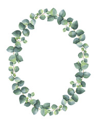 Watercolor hand painted oval wreath with silver dollar eucalyptus.