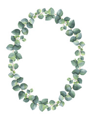 Fototapeta premium Watercolor hand painted oval wreath with silver dollar eucalyptus.