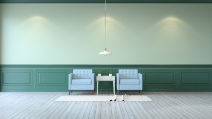 vintage green room ,Minimalist  interior ,light  blue armchairs with green mint table  and white lamp on green wall and white wood flooring , 3d render