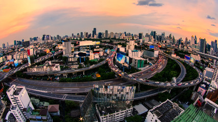 Aerial view of Bangkok city, Night scene with traffic light, Thailand