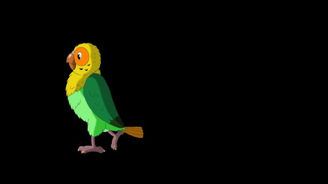 Green Parrot Walks and Stops. Animated footage with alpha channel. Looped motion graphic.