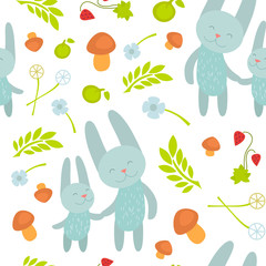 Cartoon pattern with Animals Parent with Baby Mother's Day Cards. Brightly colored childish animals. Mothers and children. Cute rabbits