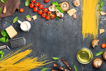 Frame of spaghetti with set of ingredients for cooking pasta