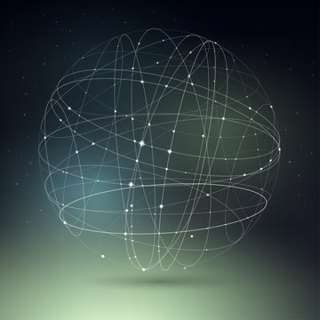 Vector illustration on the theme of physics, atomic nucleus, cosmos, astronomy. The structure of curve intersecting lines in the form of sphere on cosmic gradient mesh background.