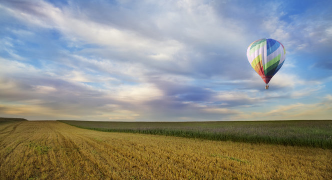 Balloons fly over the green fields, hills in summer