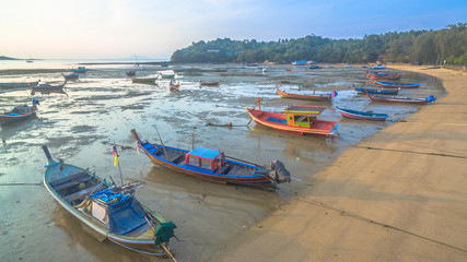 Fototapeta na wymiar aerial view fishing boats during sunrise time 