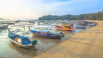 Fototapeta premium aerial view fishing boats during sunrise time 